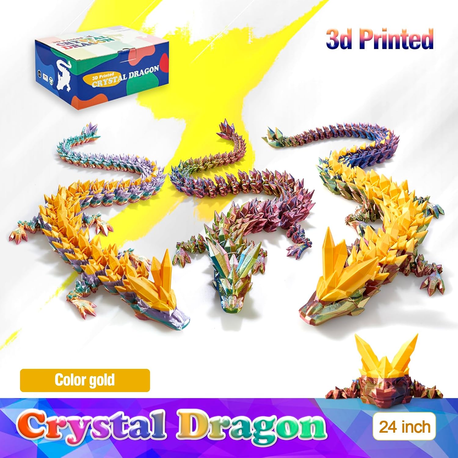 Skiennix 24-Inch Large 3D Printed Dragon Figurine - Magical Gold Decor for Kids & Home
