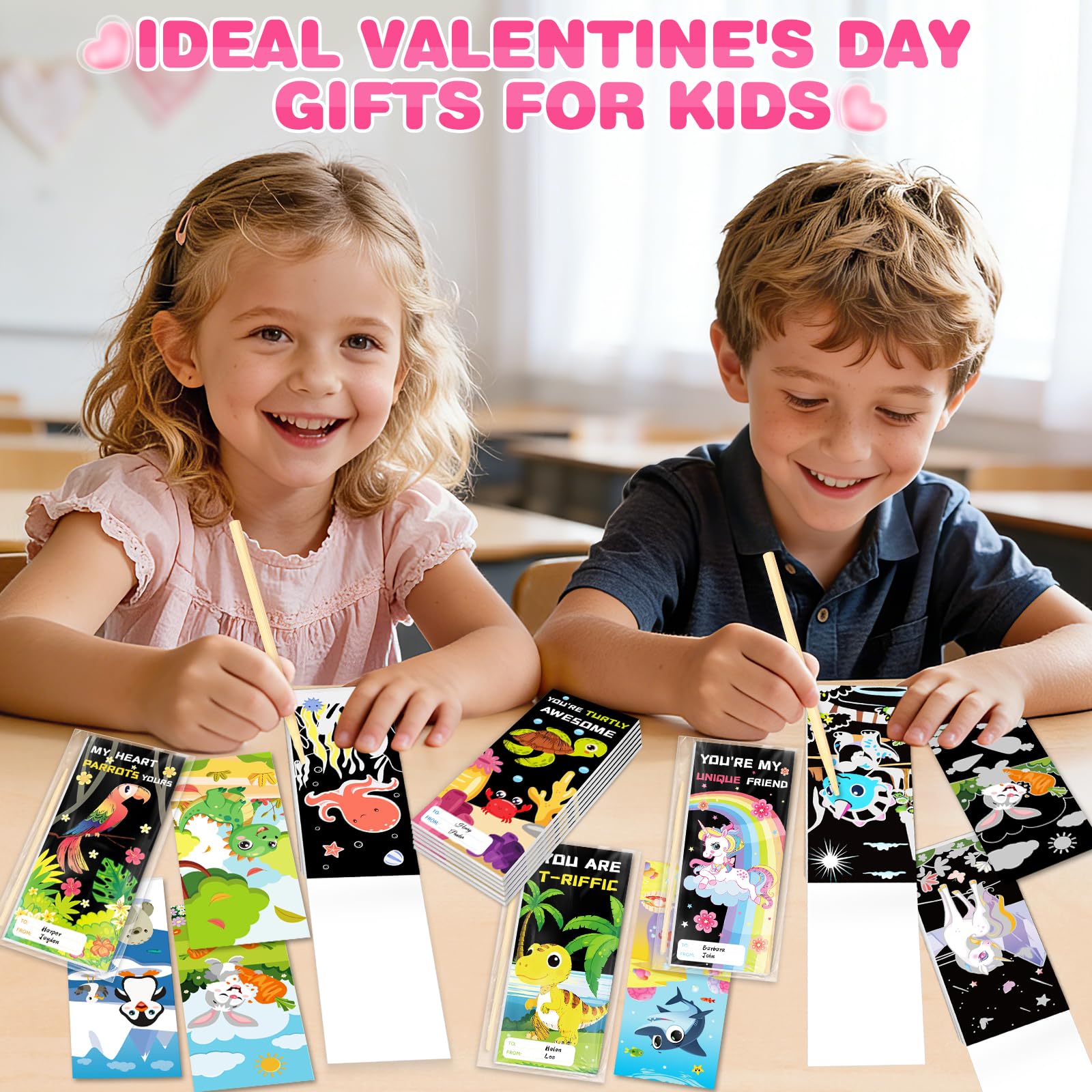 SpringFlower Valentines Day Cards Gift Classroom Exchange,24 Pack Scratch Art Books,Valentines Gift Classroom Exchange Prizes Party Favors Supply, Valentines Scratch Art Toys For Kids