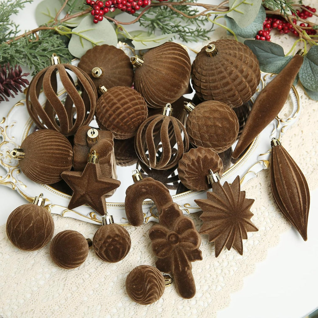 Regine Switzerland Brown Velvet Christmas Balls - 50 Pcs Flocked Ornaments for Tree & Holiday Decor