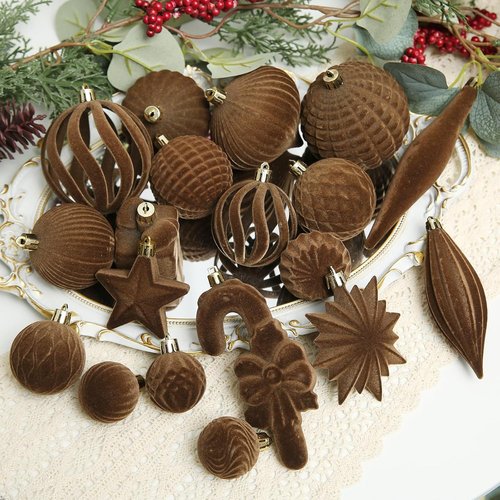 Brown Velvet Christmas Balls by [Brand Name] - 50 Pcs Flocked Ornaments for Tree & Holiday Decor