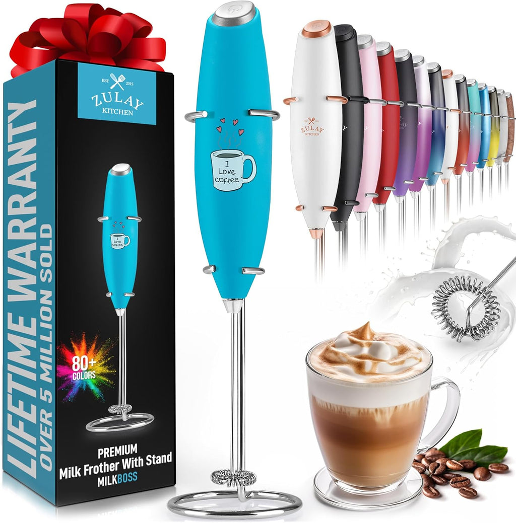 Zulay Kitchen Milk Frother Wand - Ultra-Fast Electric Whisk for Coffee, Lattes & Cappuccino - Love Coffee Blue