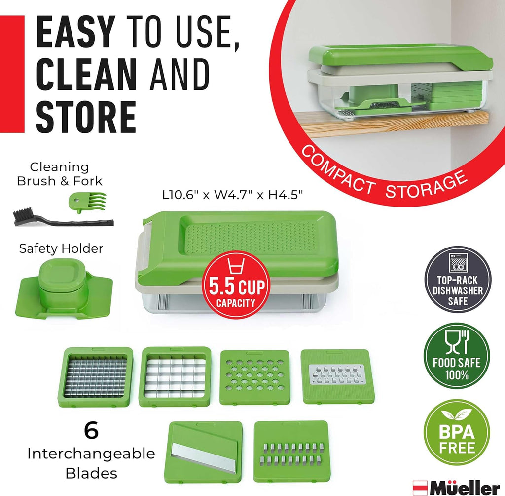Mueller Vegetable Chopper - Mandoline Slicer & Cheese Grater with Container | White Sand/Green