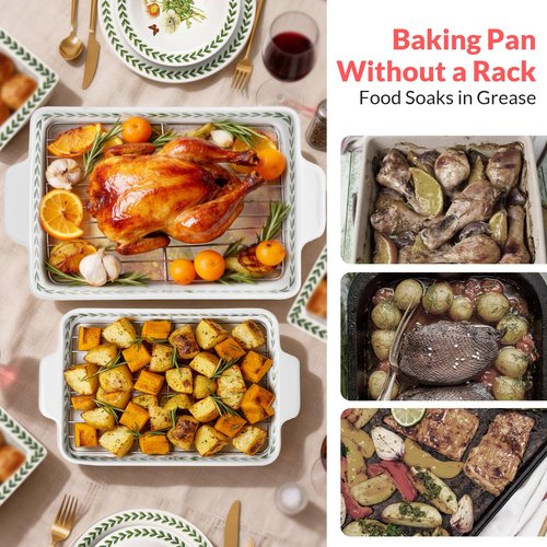 ACMLIFE Ceramic Casserole Dish for Oven, Ceramic Baking Dish Set with Roasting Racks, Floral Baking Dishes for Oven Lasagna Pan, Large Baking Dish with Handles, Durable and Oven Safe Pan, Gift Packaging 4 Pcs Set(13"x8"+10.3"x6.3") (Beauty Roasting Rack)