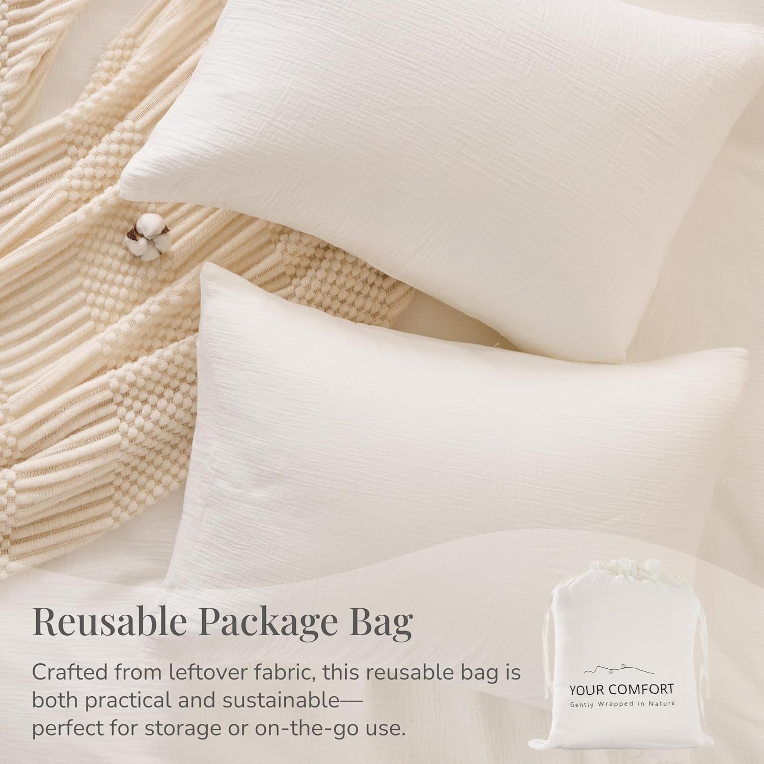 Skiennix Off White Duvet Cover Set - 100% Sandwashed Cotton, Soft & Cozy | Queen Size 90 x 90 Inches
