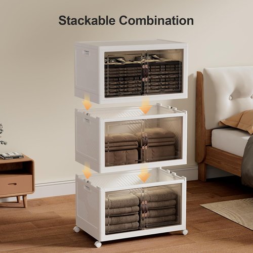 JOYMOOP Folding Storage Bins - 252 Quart Collapsible Organizer with Wheels | Stackable Plastic Container for Clothing, Books & More (XXL, 21 Gal, 3 Tiers)