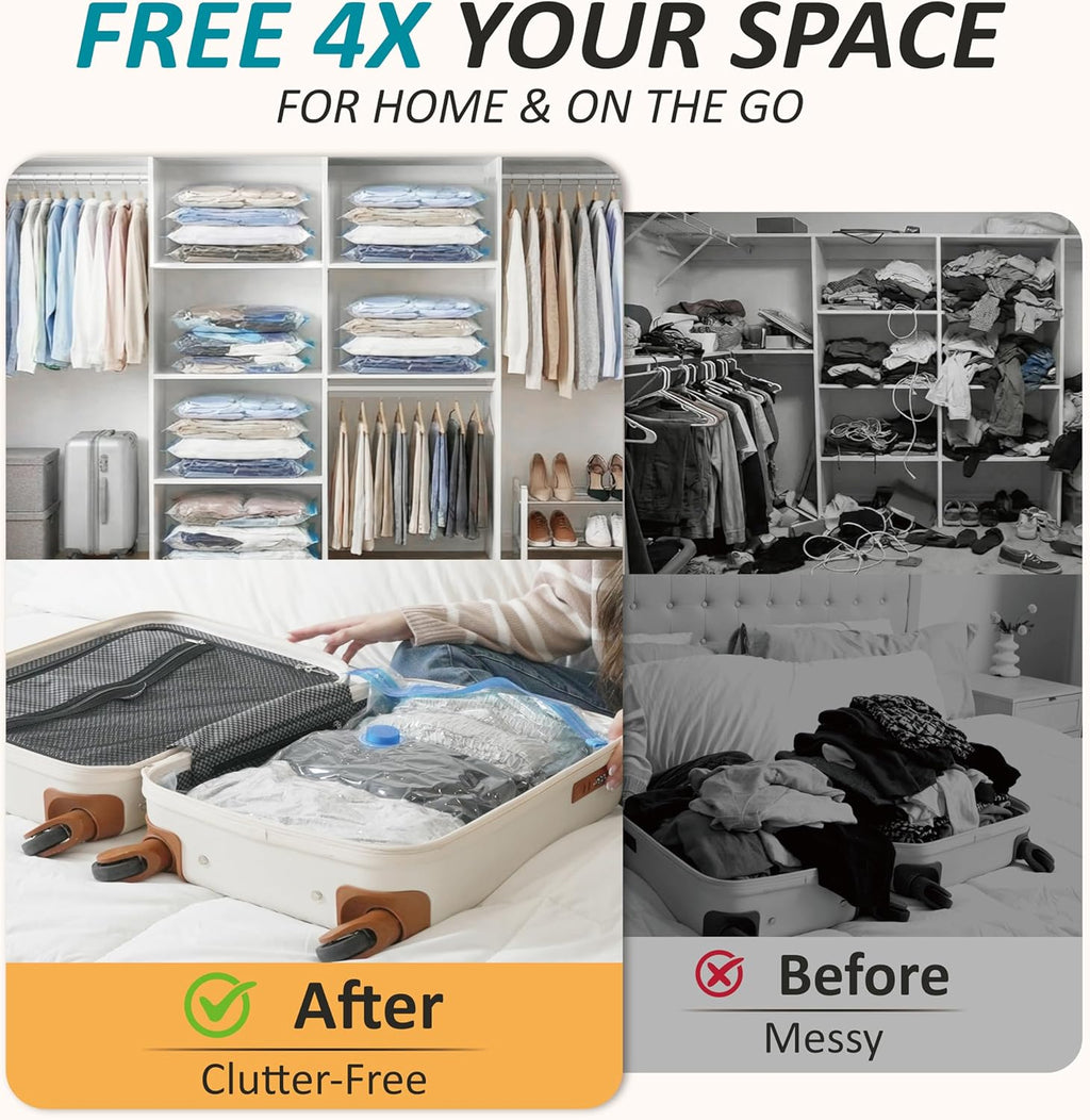 Skiennix Travel Vacuum Storage Bags - Space-Saving Combo with Rechargeable USB Pump | Ideal for Clothes, Bedding & More