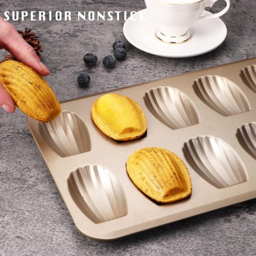 HONGBAKE Nonstick Madeleine Pan - 2 Pack 12-Cavity Heavy Duty Baking Trays | Champagne Gold Finish