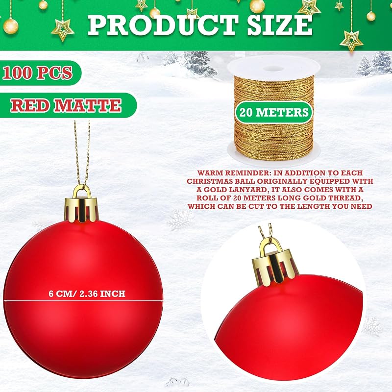 Red Christmas Ball Ornaments 100 Pcs 2.36 Inch Fillable Drops with Gold Rope