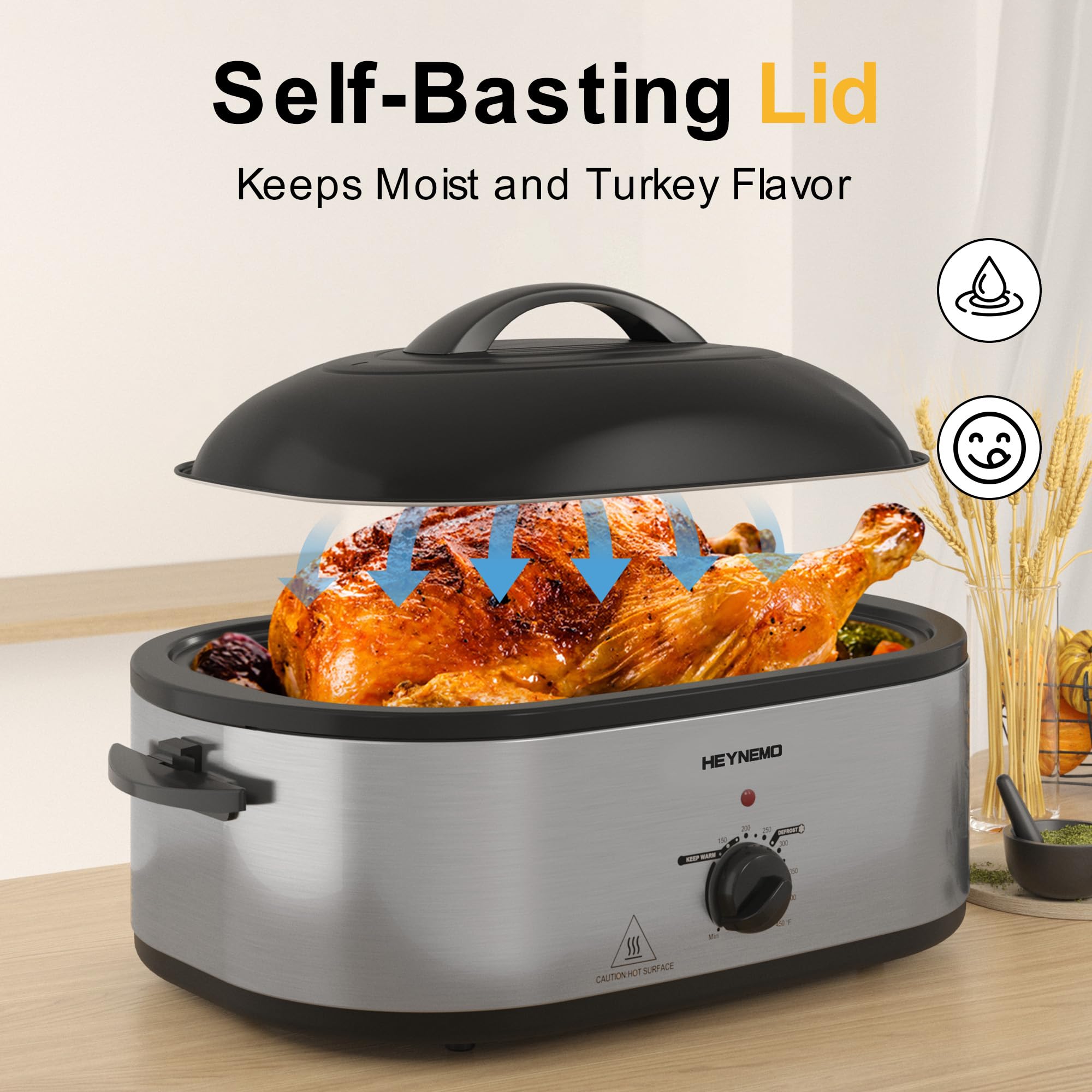 Roaster Oven 22 Quart Electric, Turkey Roaster with Self-Basting Lid Design, Large Stainless Steel Electric Turkey Roaster Oven Fits Turkeys Up to 26LB