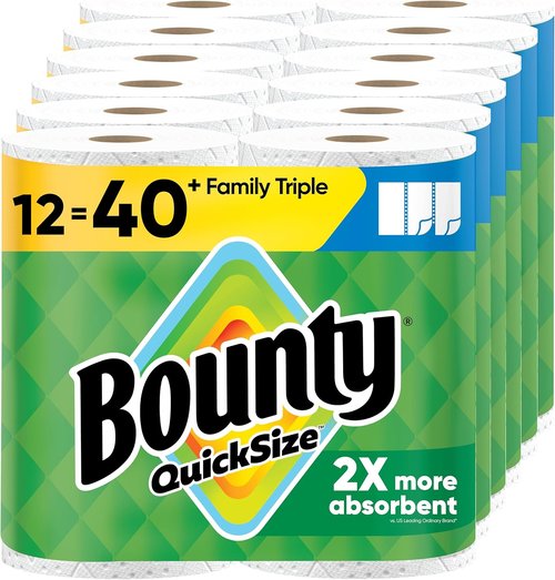Bounty Quick-Size Paper Towels - Ultra-Absorbent White Rolls | 12 Family Triple = 40 Regular Rolls