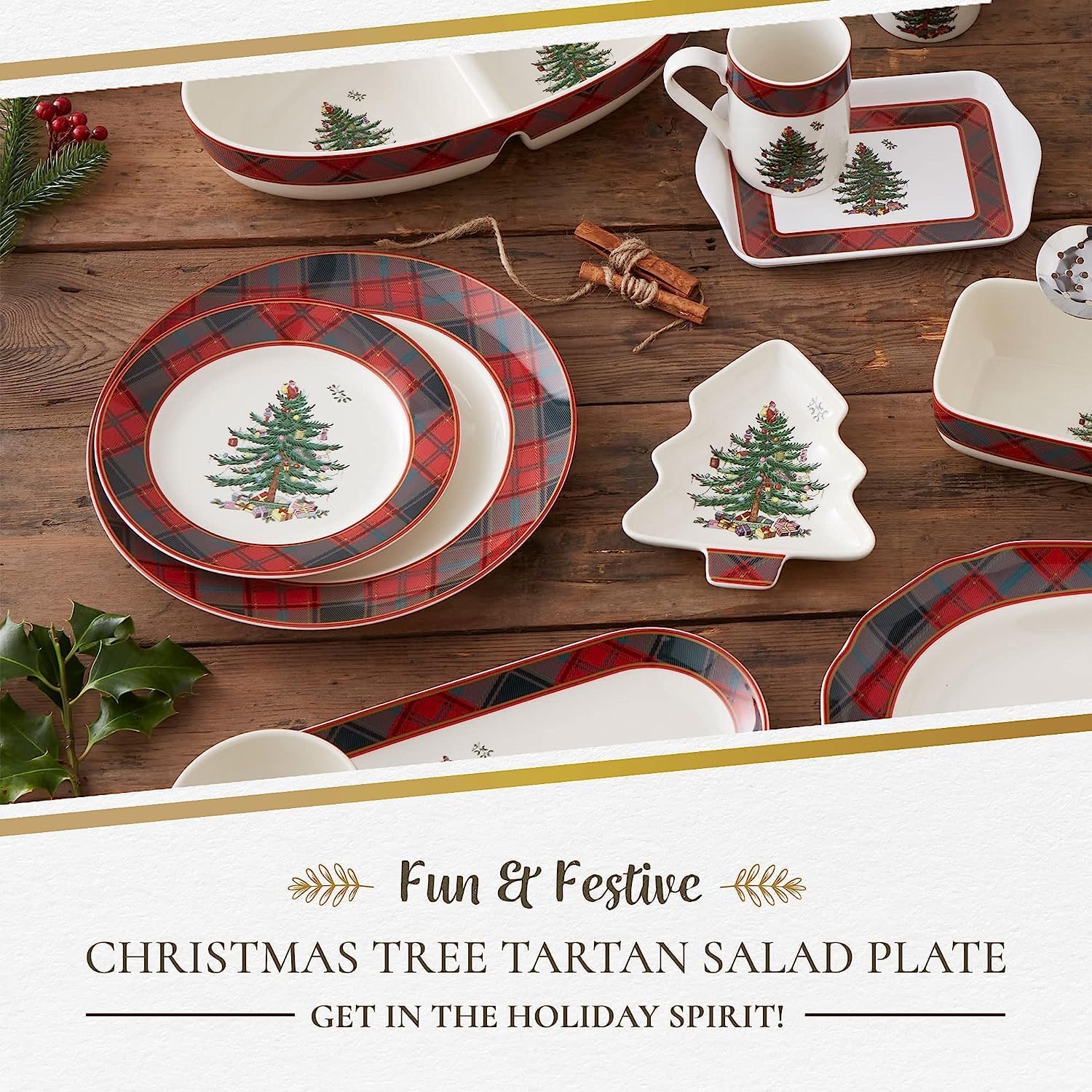 Spode Christmas Tree Tartan 7.75" Salad Plate, Set of 4 - Festive Table Setting for Parties & Gatherings, Holiday Plate for Appetizers, Desserts or Salads - Dishwasher & Microwave Safe Earthenware