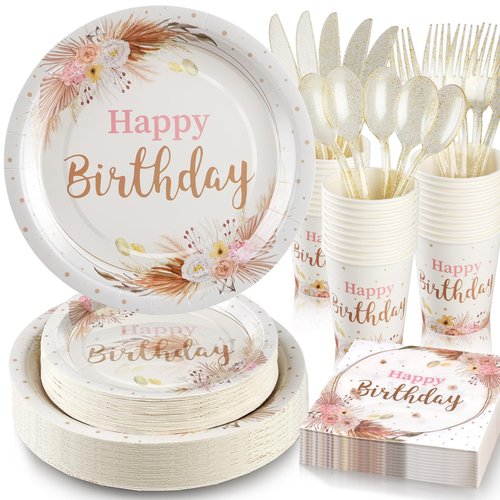 Gudvilla Boho Birthday Decorations for Women, Neutral Birthday Plates and Napkins Party Supplies 168Pcs, Happy Birthday Plates and Napkins Set for Boho Floral Champagne Cream Beige Party, Serve 24