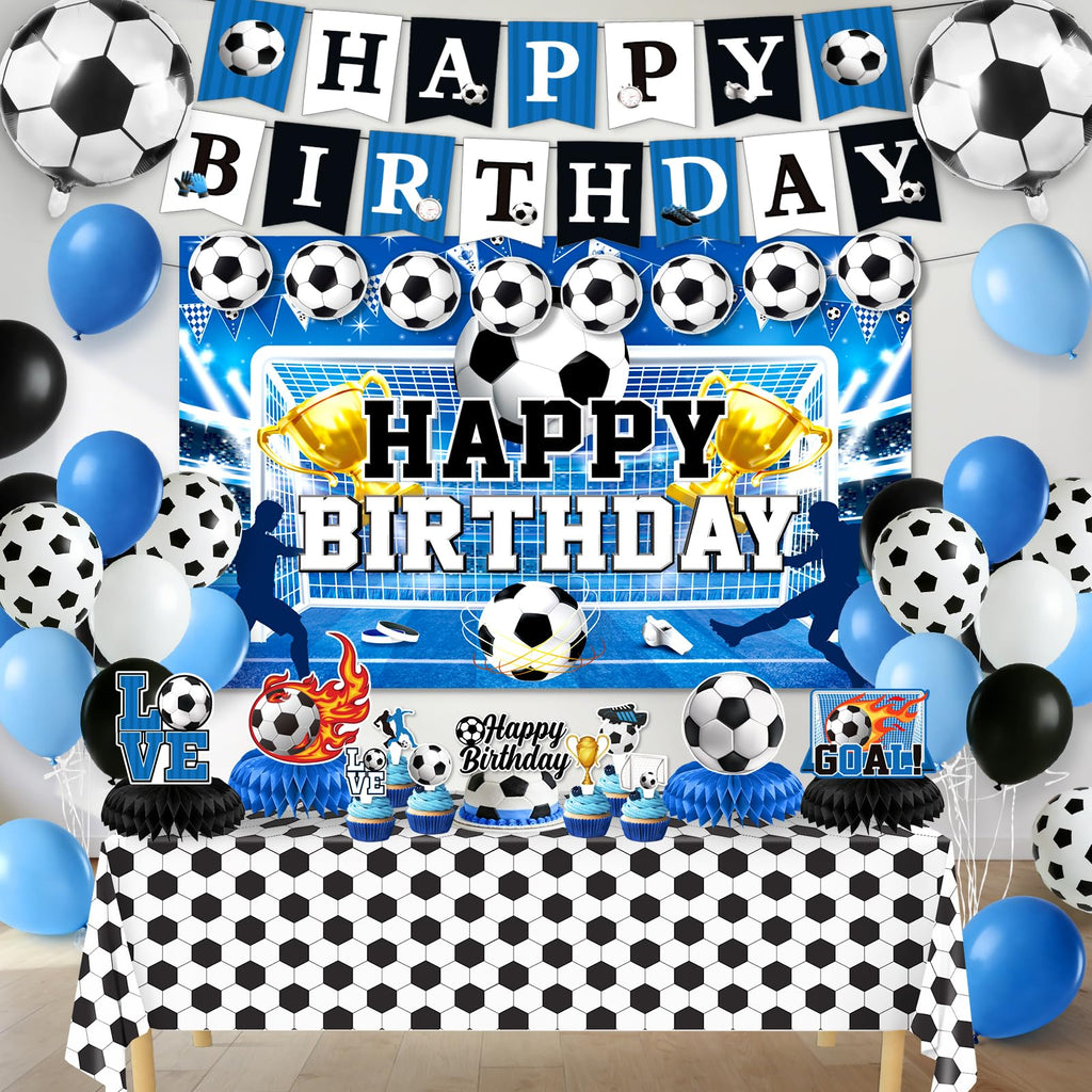 Soccer Birthday Party Decorations, 44Pcs Soccer Party Decorations with Happy Birthday Backdrop Tablecloth Foil & Latex Balloons and Cake Toppers Honeycomb Centerpieces for Boys’ Sports Party Supplies