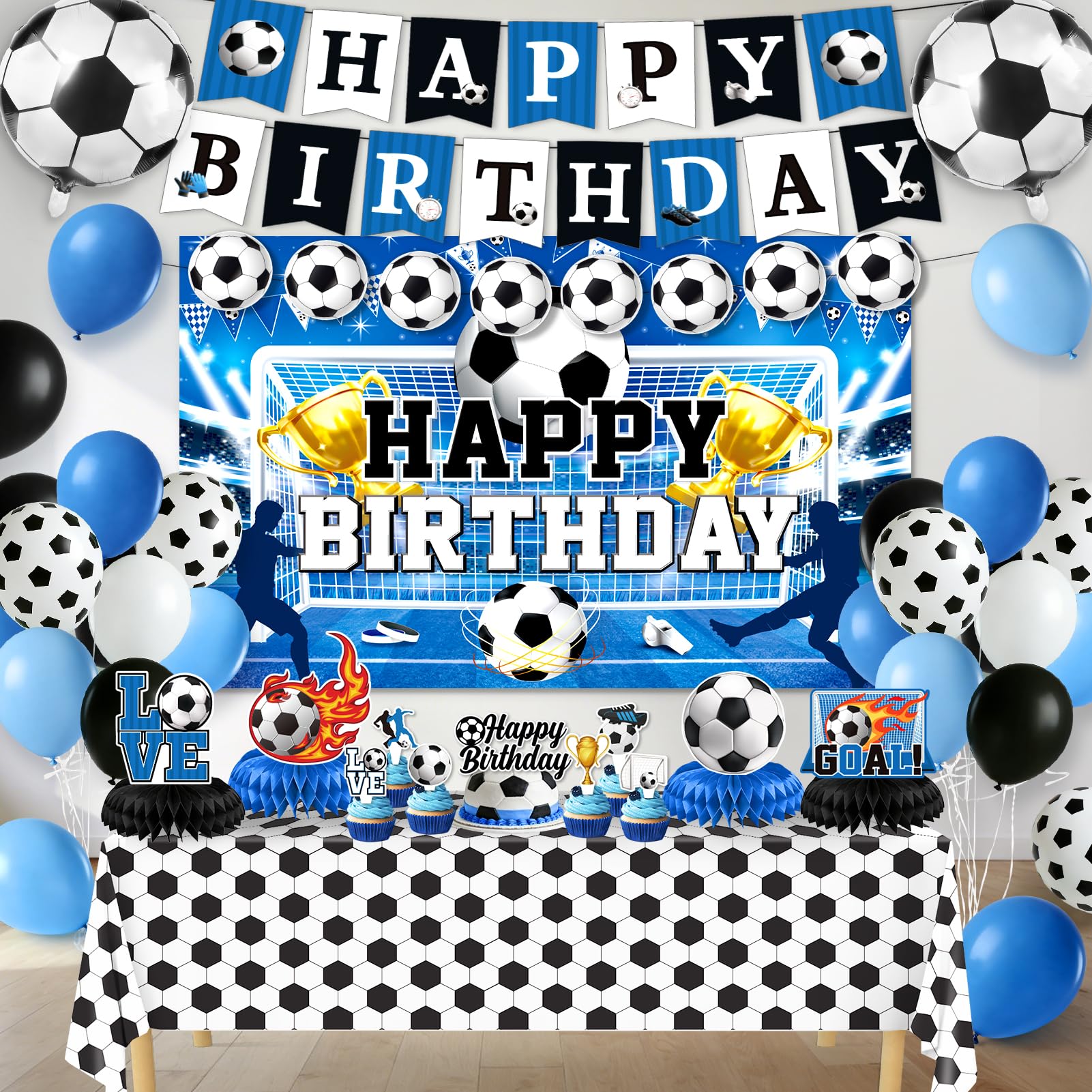 Soccer Birthday Party Decorations, 44Pcs Soccer Party Decorations with Happy Birthday Backdrop Tablecloth Foil & Latex Balloons and Cake Toppers Honeycomb Centerpieces for Boys’ Sports Party Supplies
