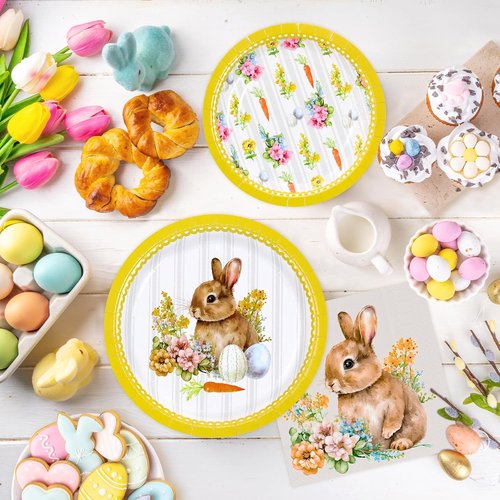 Happy Easter Party Supplies - 150 Count Disposable Tableware Set | 9" Dinner Plates, 7" Dessert Plates & Napkins