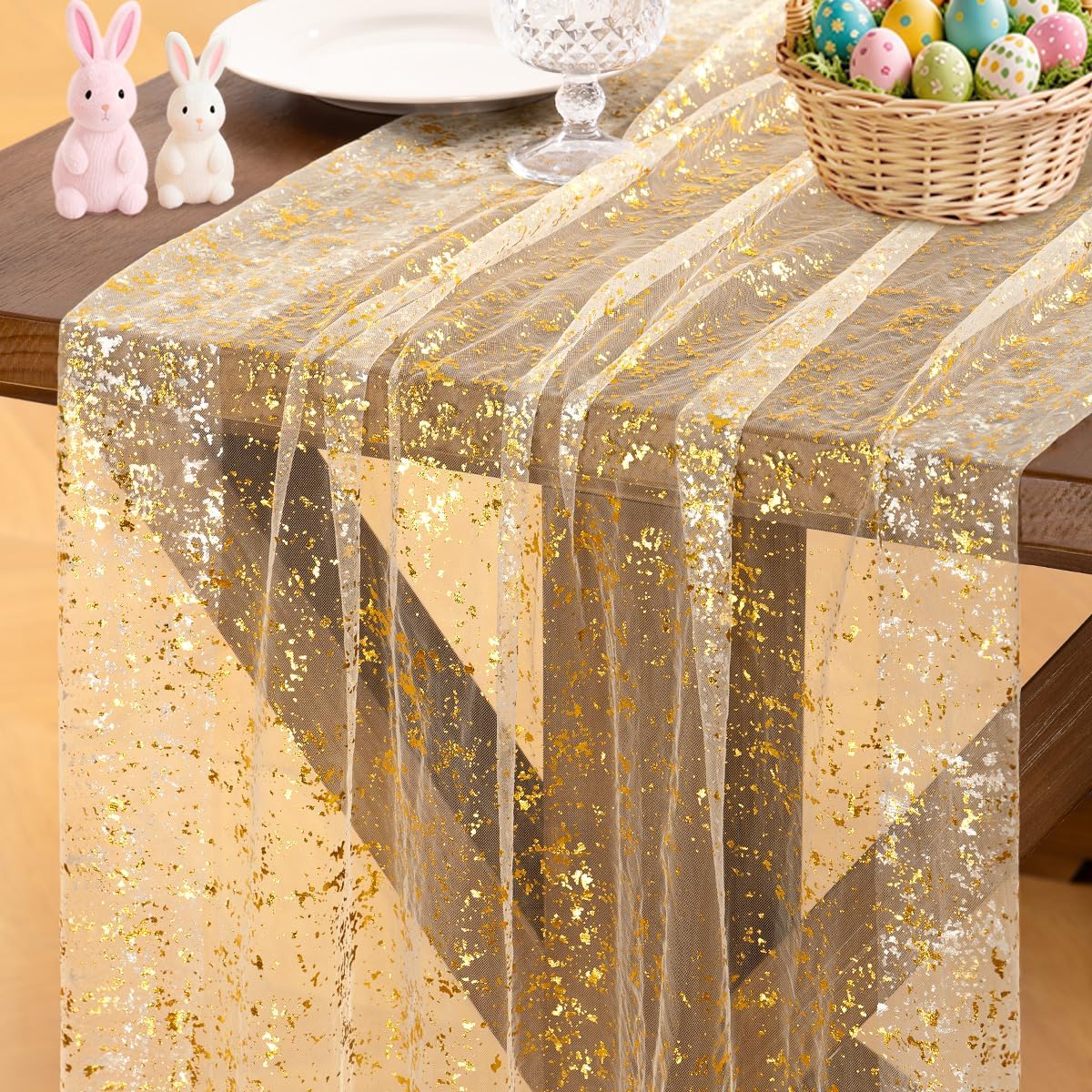 Socomi Gold Table Runner - Sheer Glitter Chiffon for Weddings & Parties | 10FT Beige Centerpiece Decor
