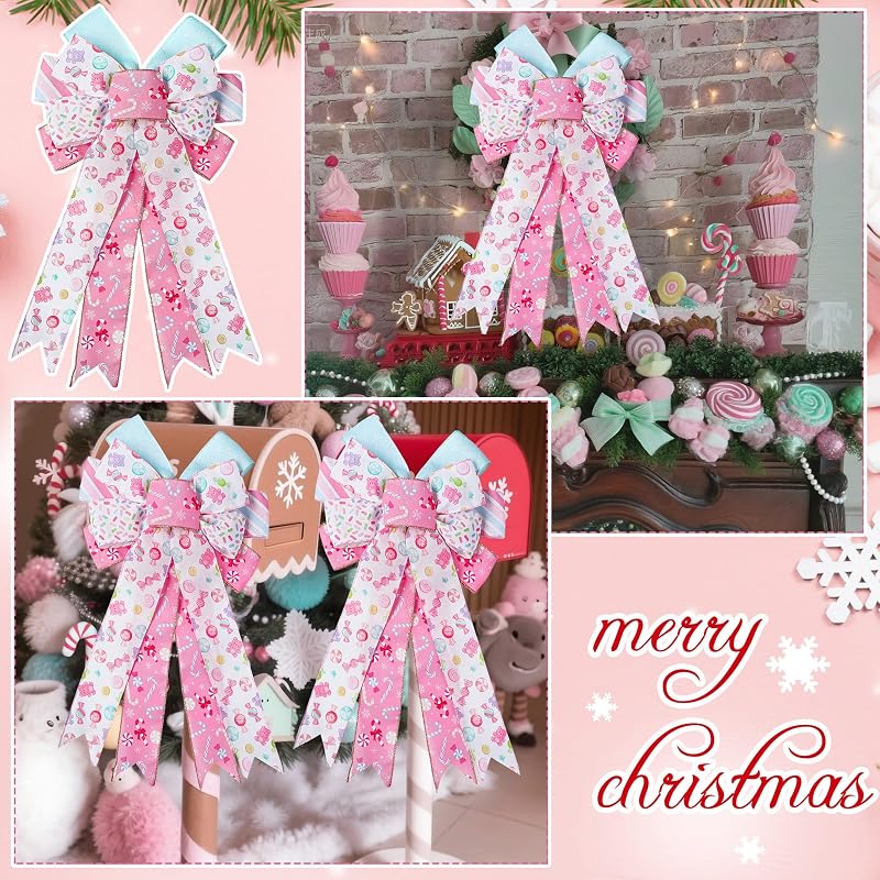 Pastel Candy Christmas Tree Topper Bows, 2 Pack 28x50 cm Pink & White