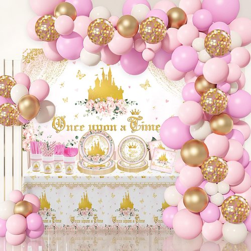 AIBIIN 3Pcs Princess Birthday Party Tablecloths Once Upon a Time Table Cover Floral Gold Castle Party Decorations for Girls Women Birthday 108 x 54 Inch