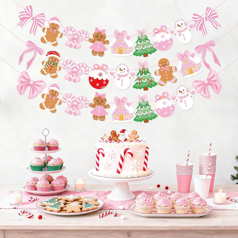 Pink Gingerbread Christmas Banner Set - 3 Piece Wall Garland with Bows