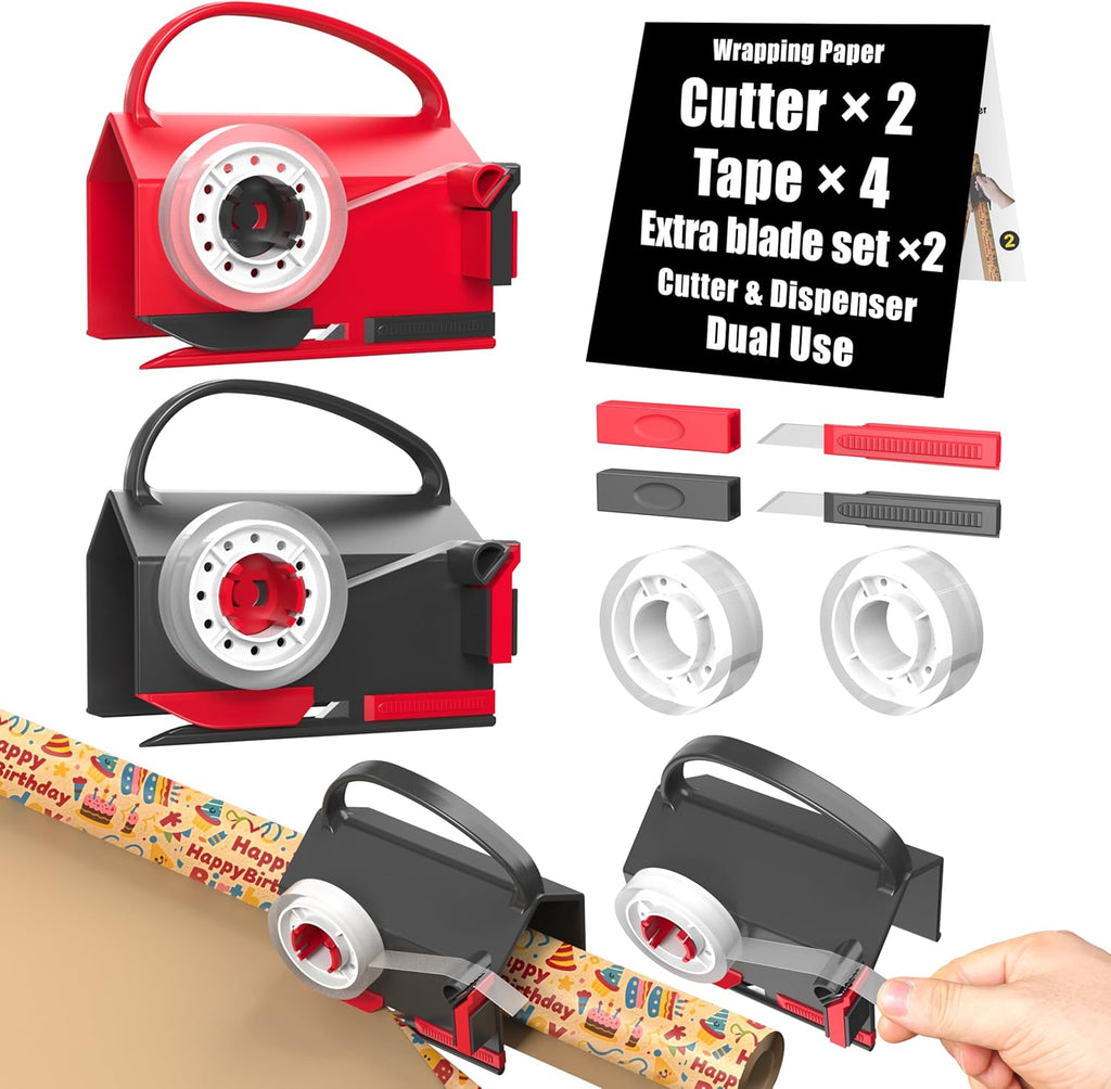 Wraprocut Wrapping Paper Cutter & Tape Dispenser - 2-Pack with 4 Tapes & 2 Replacement Blades for Easy Gift Wrapping