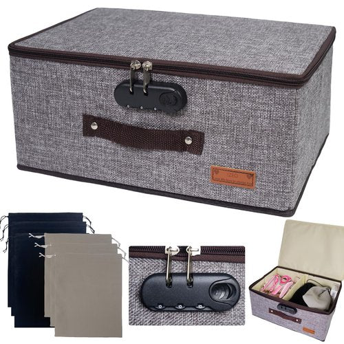 IZEO Lockable Adult Toy Storage Organizer Lock Box Toy bags container case with 6 Drawstring Bags, Large capacity 15.8 x 11.8 x 7.8 Inches Lockable Box Travel Home Container (Gray)