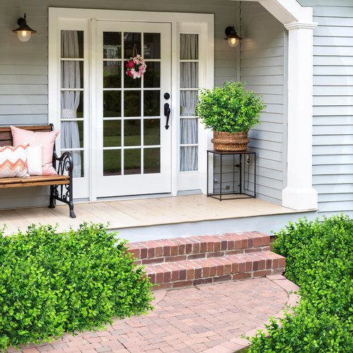 24 Bundles Greenery Artificial Plants Outdoors, Eucalyptus Stems UV Resistant Fake Foliage Plants Faux Boxwood Shrubs Indoor Decorations Artificial Flowers for Garden Pot Porch Fence Hanging Planter