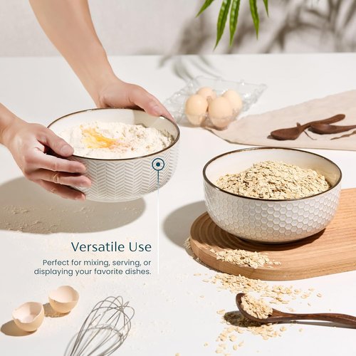 KooK Ceramic Salad Bowls - Embossed Large Serving Bowls | Microwave & Dishwasher Safe, Cream with Dark Copper Accents, Set of 2, 60 oz