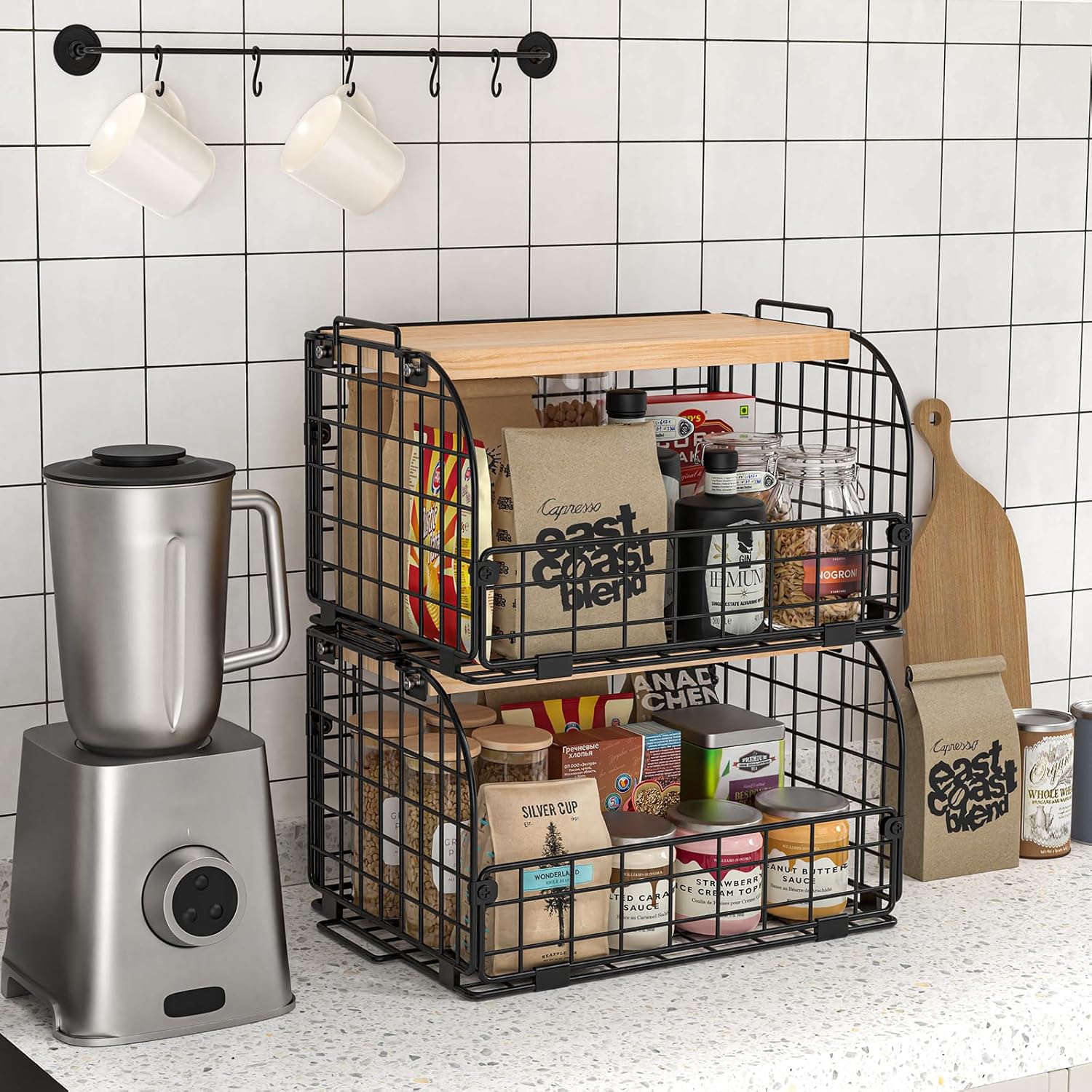 Skiennix Stackable Wire Baskets - Openable Top Kitchen Organizer for Fruits, Veggies & Snacks | 2 Set