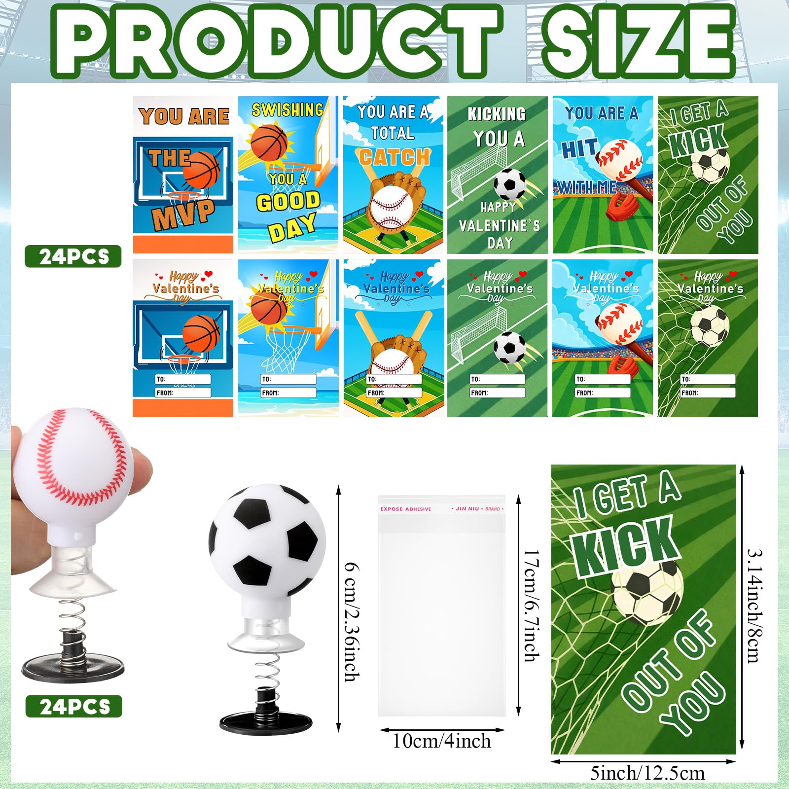 Jenaai 24 Sets Valentine's Sports Themed Card and Assorted Ball Spring Launcher Funny Pop up Bouncy Jumping for Valentines Party Favors Exchange Gift Award Prize Sensory Fidget