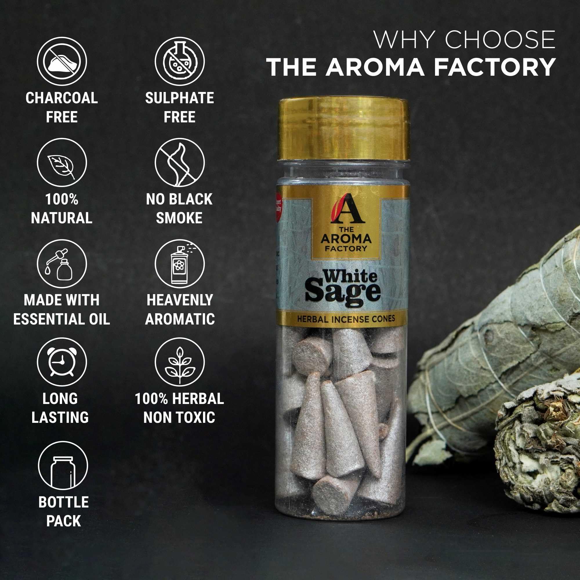 The Aroma Factory Incense Dhoop Cone White Sage (100% Herbal Leaves Healing & 0% Charcoal) 1 Bottle x 30 Cones