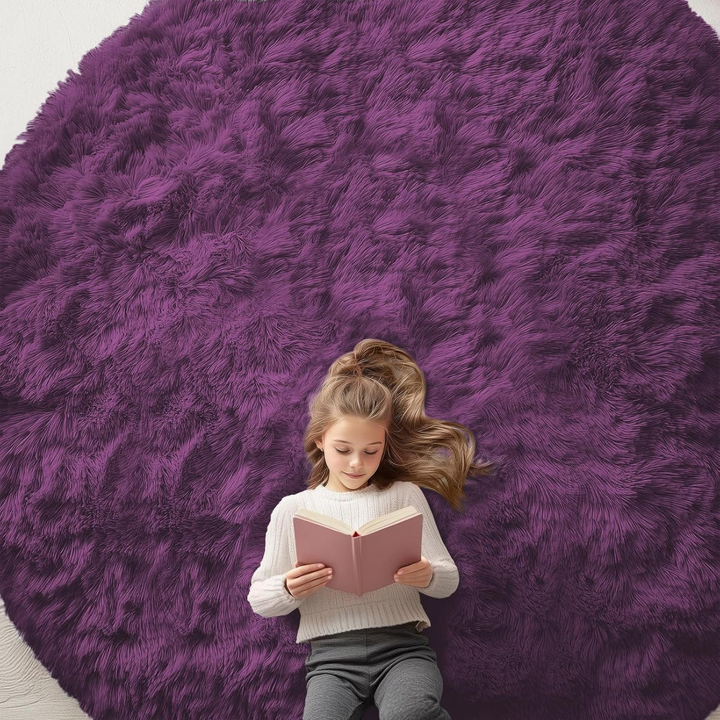 OLANLY Dark Purple Round Rug - Soft, Fluffy Shaggy Carpet | 9 ft Machine Washable Area Rug for Bedroom & Living Room Decor