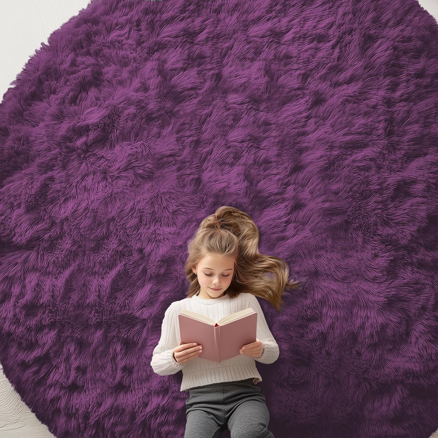 OLANLY Dark Purple Round Rug - Soft, Fluffy Shaggy Carpet | 9 ft Machine Washable Area Rug for Bedroom & Living Room Decor