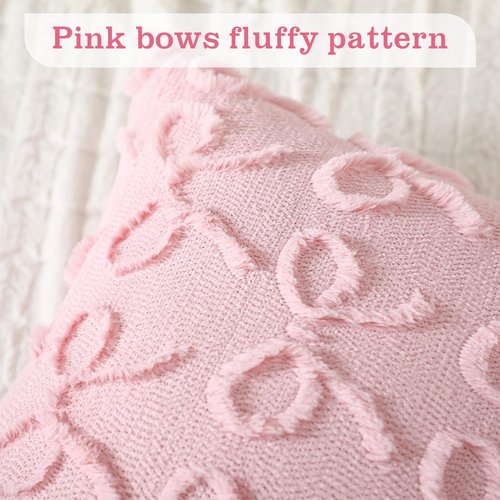 SmoothNovelty Pink Bow Pillow Covers 18x18 Set of 2 Coquette Preppy Room Decor Stuff Decorative Embroidered Pillow Cases Cute Aesthetic Fluffy Plush Bowknot Cushion Covers for Bedroom Couch Sofa