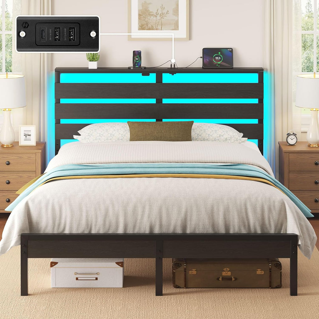 Rolanstar Full Size Bed Frame - USB Charging Station & LED Wood Storage Headboard - Black Metal Design