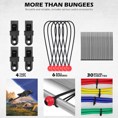 Bungee Pro 60-Piece Assorted Bungee Cords Set - Heavy Duty Elastic Tarp Ties in 10" to 40" Sizes