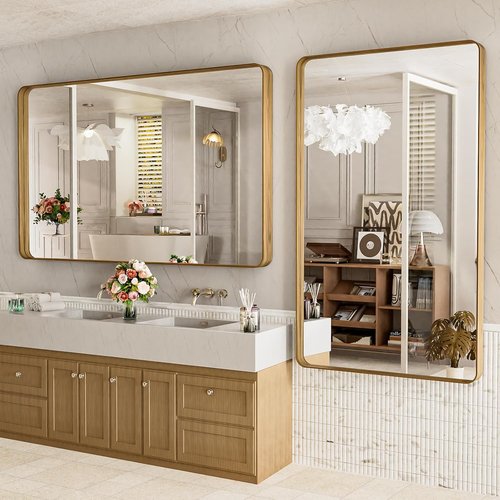 LOAAO Bathroom Mirror - 60x28 Inch Rounded Rectangle with Wood Grain Metal Frame | Anti-Rust, Versatile Hanging Options