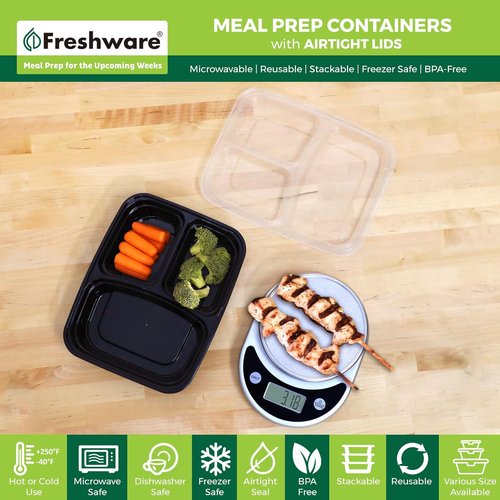 Freshware Meal Prep Containers - 3 Compartment Bento Box | 150 Pack, BPA Free, Stackable & Microwave Safe (24 oz)