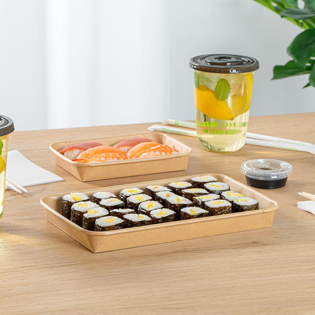 Matsuri Vision 9.5 x 6 x 0.9 Inch Sushi Trays, 100 Greaseproof Sushi Packaging Boxes - Lids Sold Separately, Disposable, Kraft Paper Sushi Containers, For Appetizers Or Desserts - Restaurantware