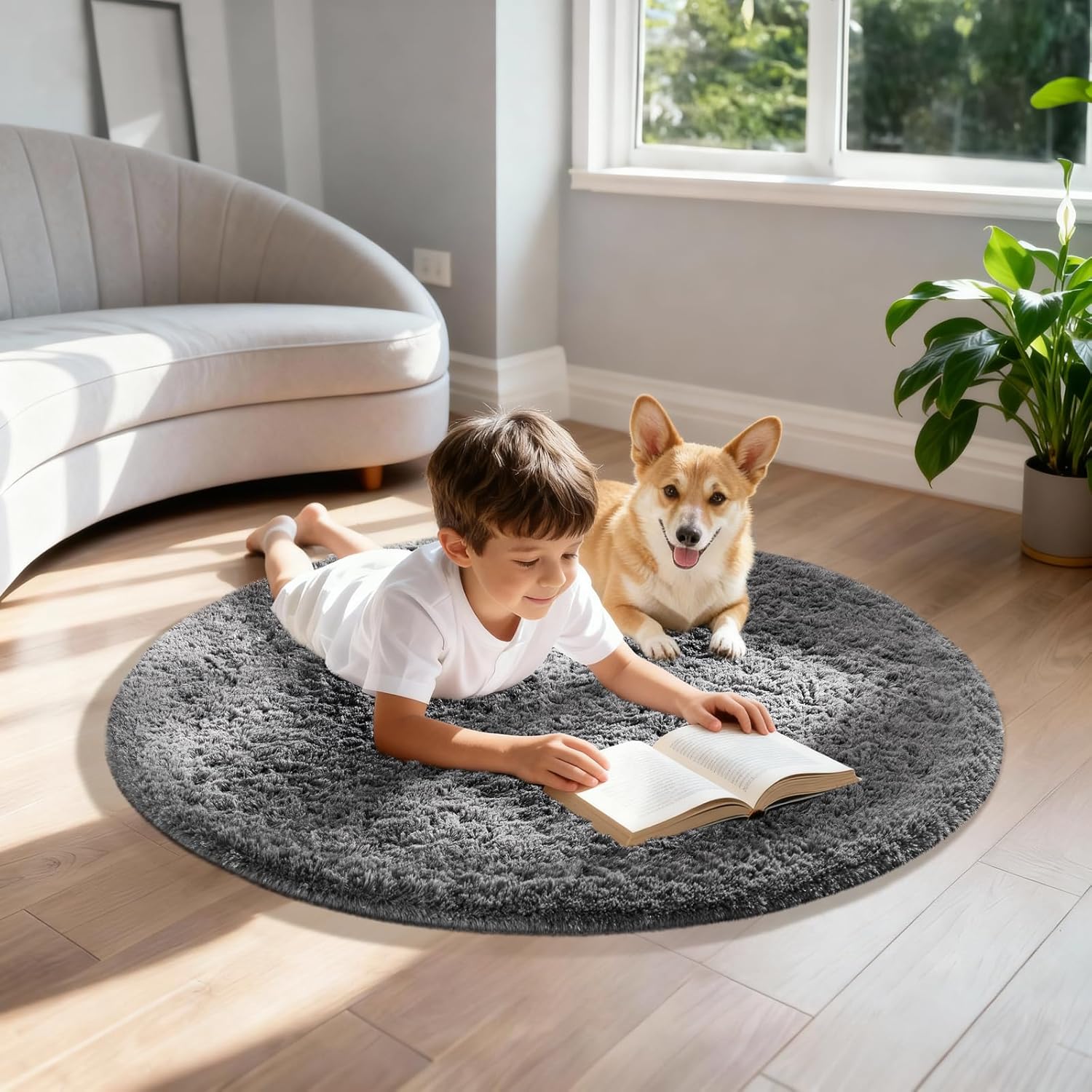 Ophanie Round Rug - 3Ft Grey Plush Shag Area Rug | Soft Fluffy Carpet for Bedroom & Nursery Decor