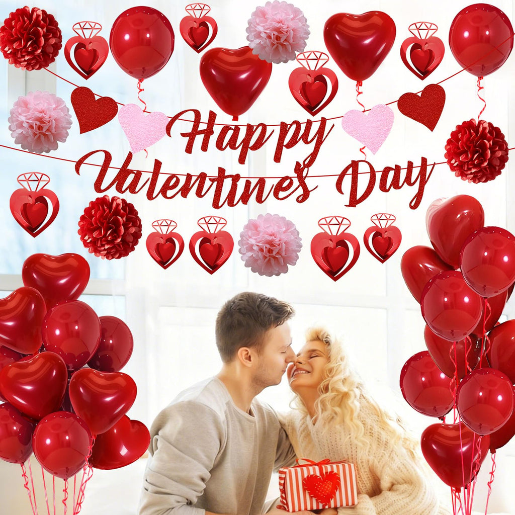 Valentines Day Decorations, Happy Valentines Day Banner and Red Heart Balloons for Valentines Decor with Paper Flowers and Heart Hanging Decor