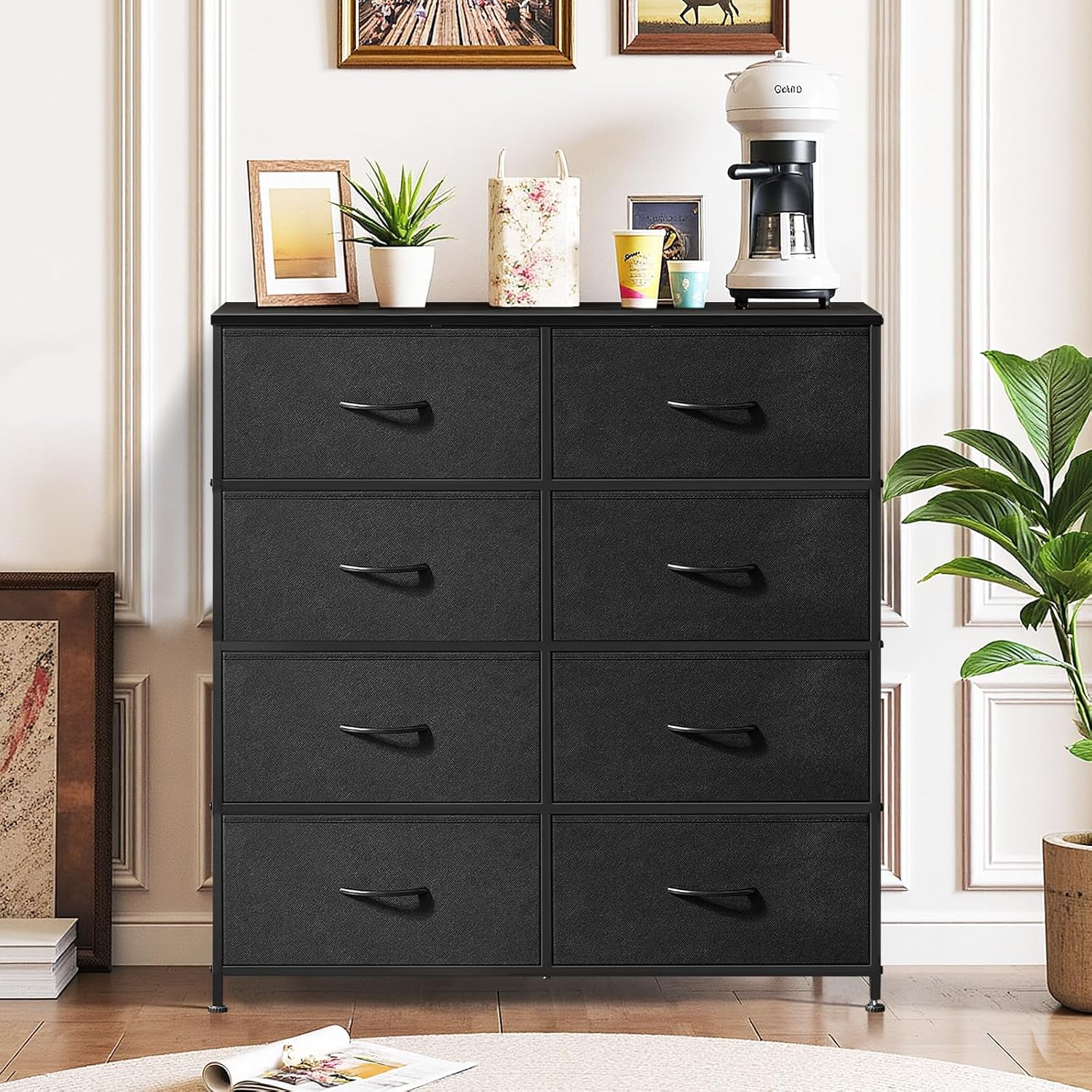 Skiennix 8-Drawer Dresser - Anti-Tip Tall Storage Organizer with Wooden Top & Metal Frame - Black