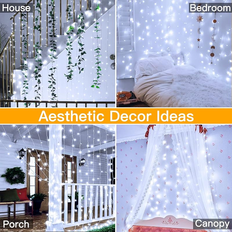 Ollny Curtain Lights 6.6x6.6ft 200 LED White with Remote – Cool White Variation