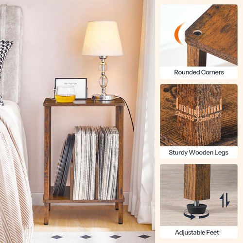 HOOBRO Small End Table, 2-Tier Record Player Stand Vinyl Record Turntable Stand with Storage up to 100 Albums, Small Side Table for Living Room, Bedroom Rustic Brown, FG05RS01