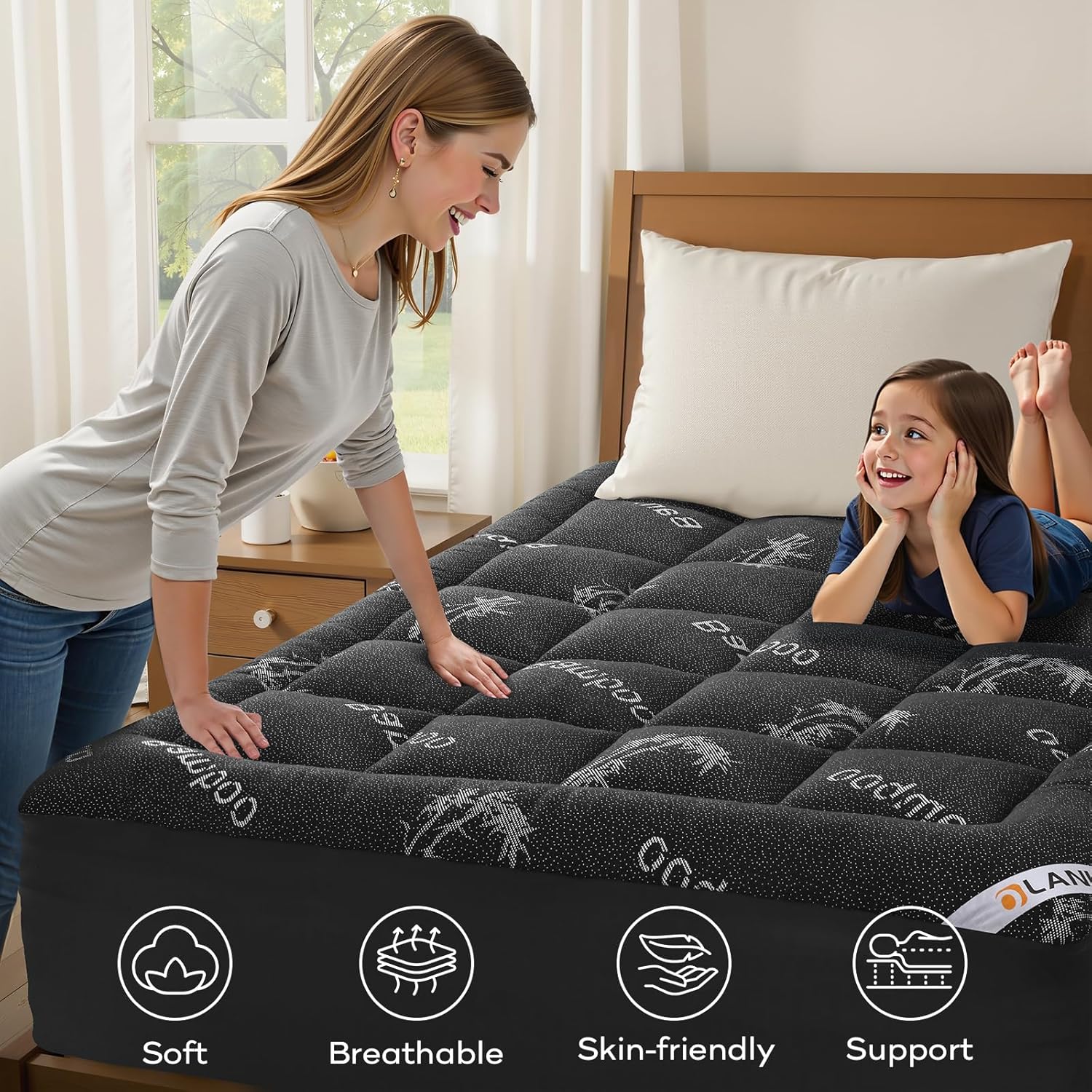 OLANLY Queen Mattress Topper - Cooling Bamboo Viscose Pillow Top for Back Pain Relief | Plush Dark Gray