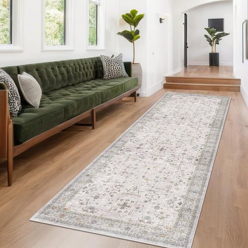 Hazo Haus Light Gray Kitchen Rug - Modern Boho Floral Geometric Design | Washable 12 ft Non-Slip Runner