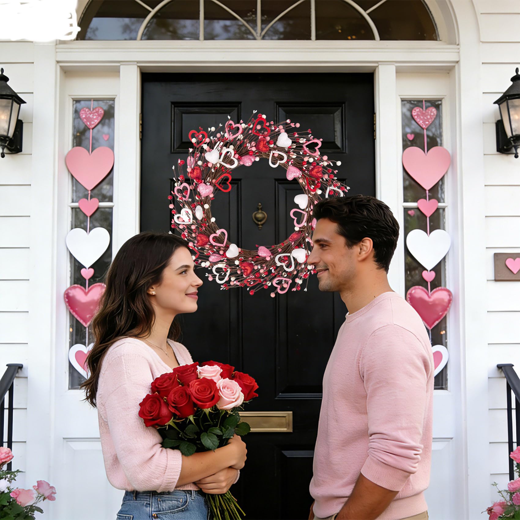 Ouddy Decor 20'' Valentine's Wreath for Front Door with Artificial Red Pink White Wooden Heart Shaped Berries for Valentines Gifts Romantic Night Event Anniversary Wedding Engagement Home Decorations