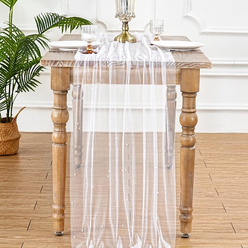 White Pearl Table Runner Tulle: 10ft Pearl Kitchen Linen 29x120 Inch Sheer Gauze Fabric for Wedding Decor Birthday Party Dining Table Cover