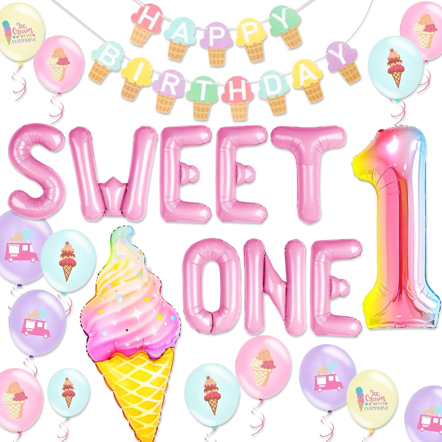 Sweet One 1st Birthday Decorations for Girls - Donut & Ice Cream Theme Party Supplies Set