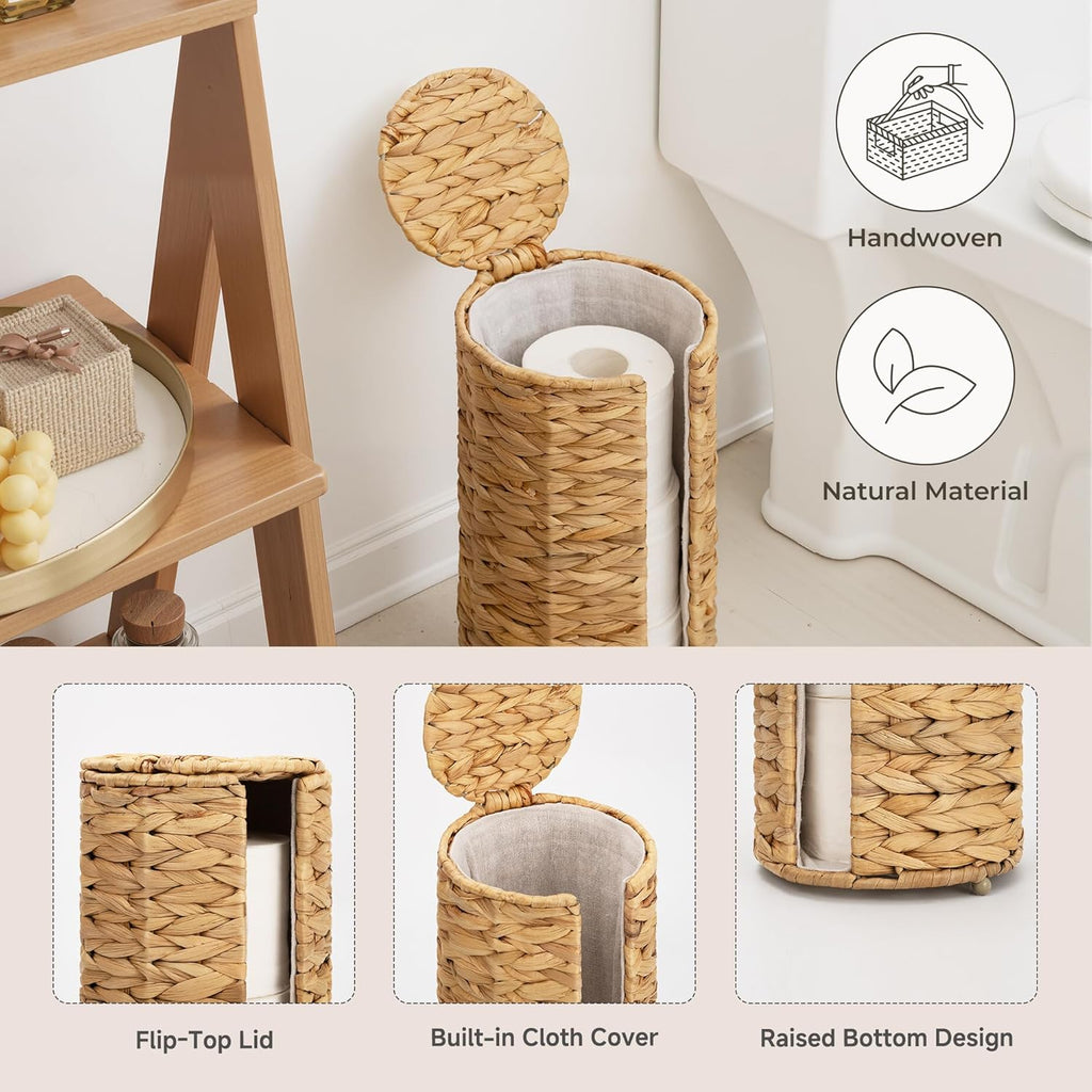 StorageWorks Toilet Paper Holder Stand - Free Standing Water Hyacinth Design with Lid for 3 Rolls