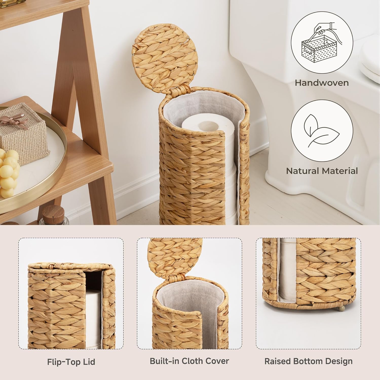 StorageWorks Toilet Paper Holder Stand - Free Standing Water Hyacinth Design with Lid for 3 Rolls